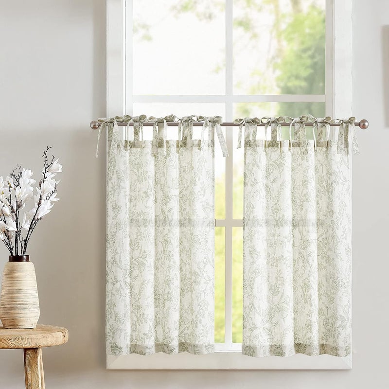 jinchan Linen Kitchen Curtains Floral Printed Tier Curtains 24 Inch Length Farmhouse Cafe Drapes for Small Windows Tie Top Botanic for Country Laundry Room Bathroom RV 2 Panels Sage Green on Beige - Image 1